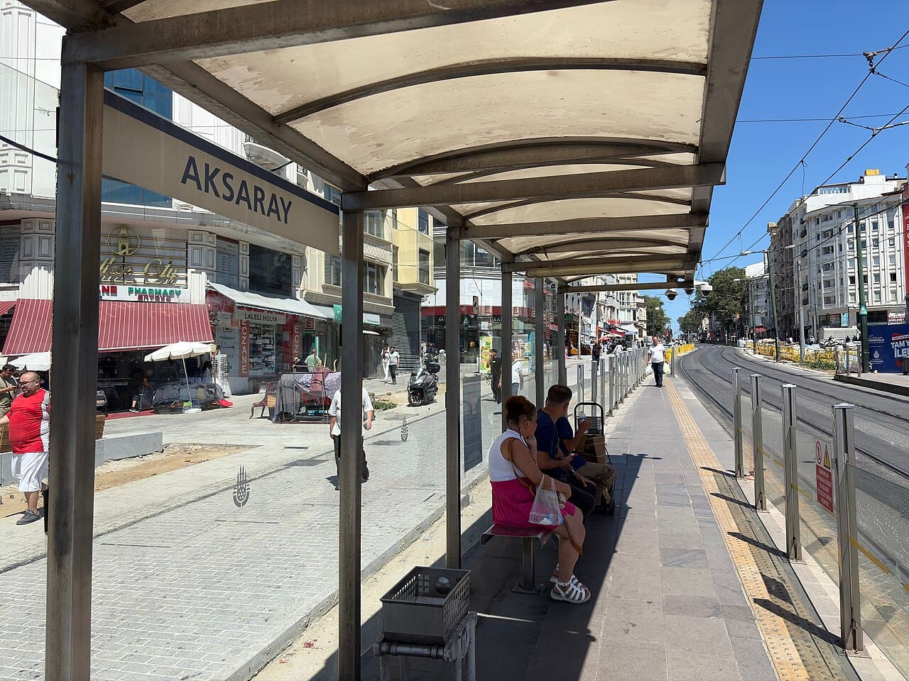 Aksaray T1 tram station platform beside the shops and cheap hotels of the district