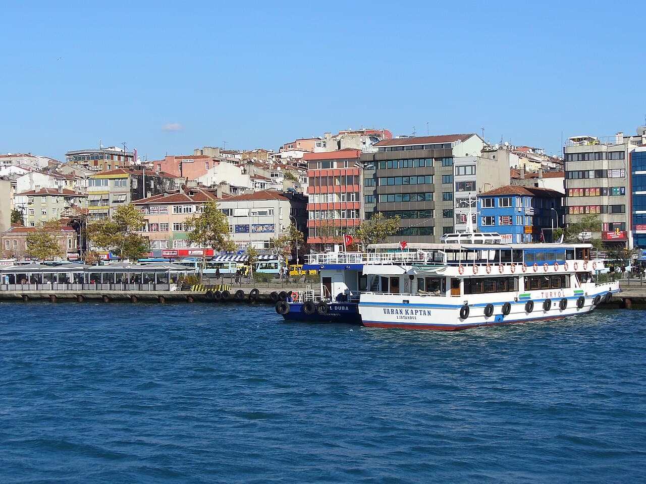 Kadikoy waterfront and hotel buildings seen from the city ferry crossing the Bosphorus