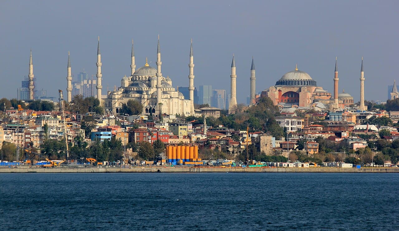 Sultanahmet skyline with the Blue Mosque and Hagia Sophia above the hotel streets of the Old City